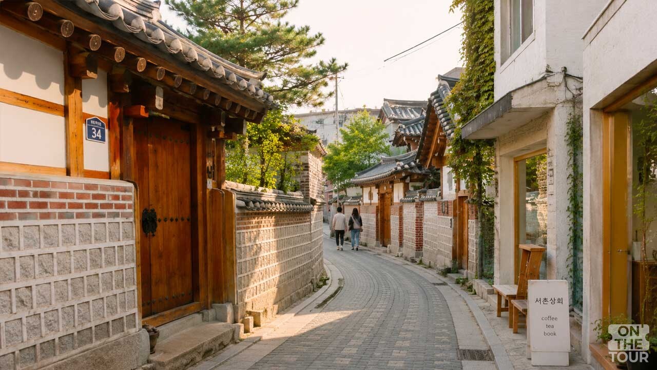 돌담길과 정겨운 구옥, 소박한 공방들이 미로처럼 옹기종기 이어진 종로 서촌 골목길(AI 생성). / 온더투어