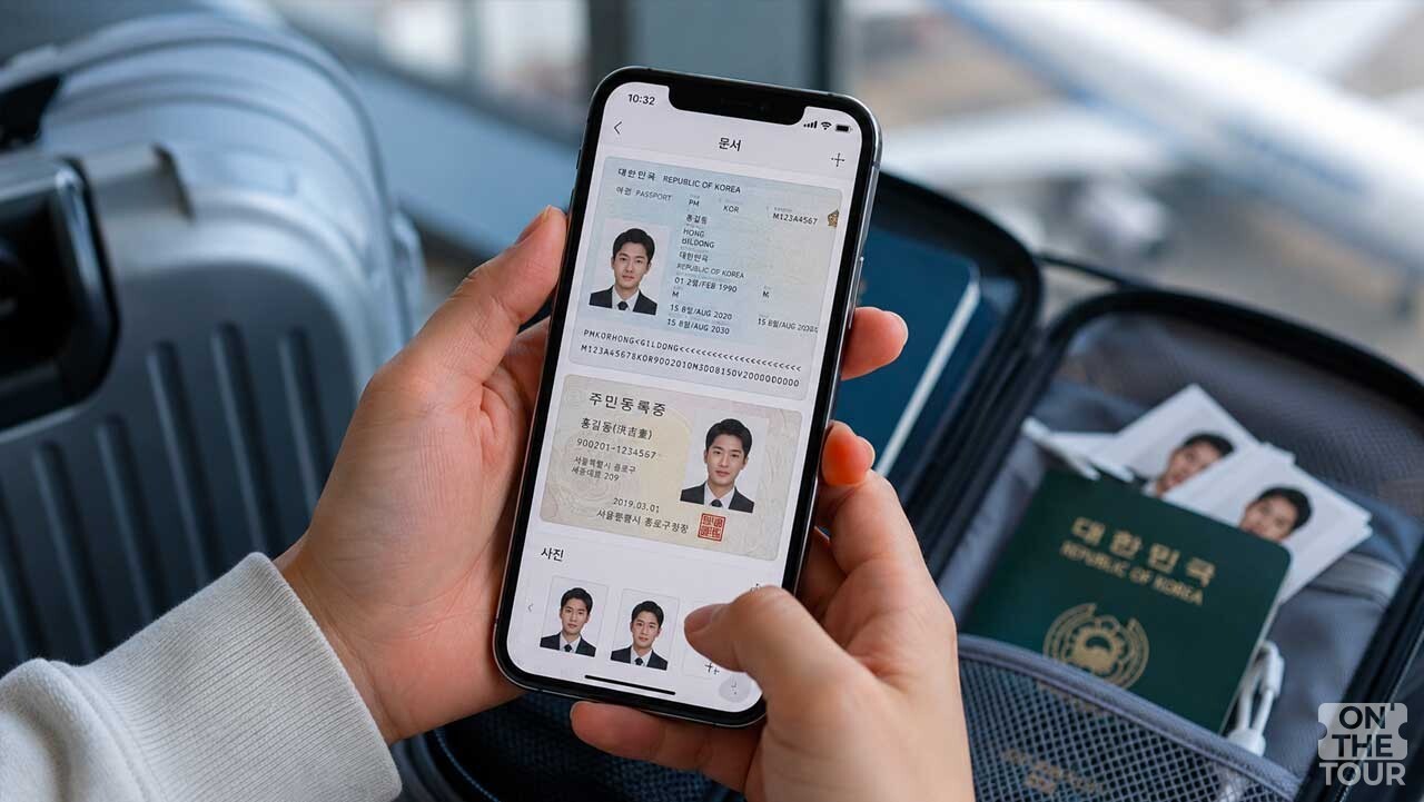 출국 전 스마트폰과 보관함에 준비해 둔 여권 사본과 여분의 여권 사진. (AI 생성) / 온더투어