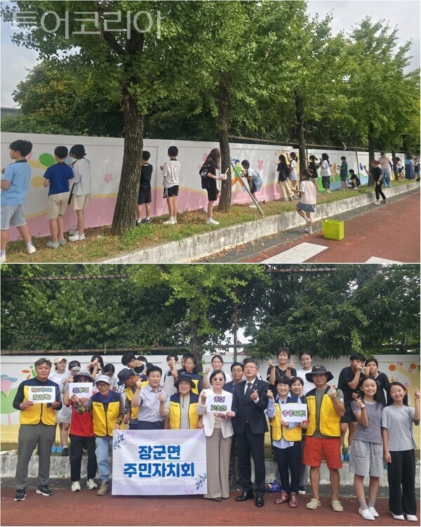 ▲세종시 장군면 장기초등학교 외벽이 아이들의 꿈과 마을의 온기가 깃든 100m 길이의 벽화를 통해 거대한 예술공간으로 탈바꿈했다. /사진-세종시(편집 류석만 기자)
