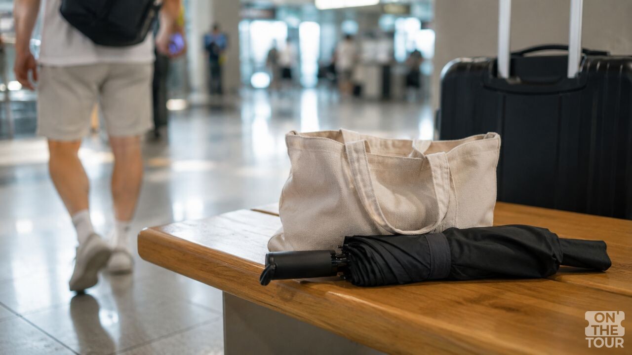 가방과 우산이 공항 대기석에 놓여져 있다. (AI 생성) / 온더투어