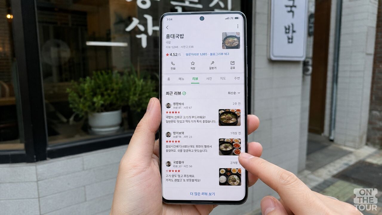 핸드폰으로 식당 최근 리뷰를 살피고 있다. (AI 생성) / 온더투어