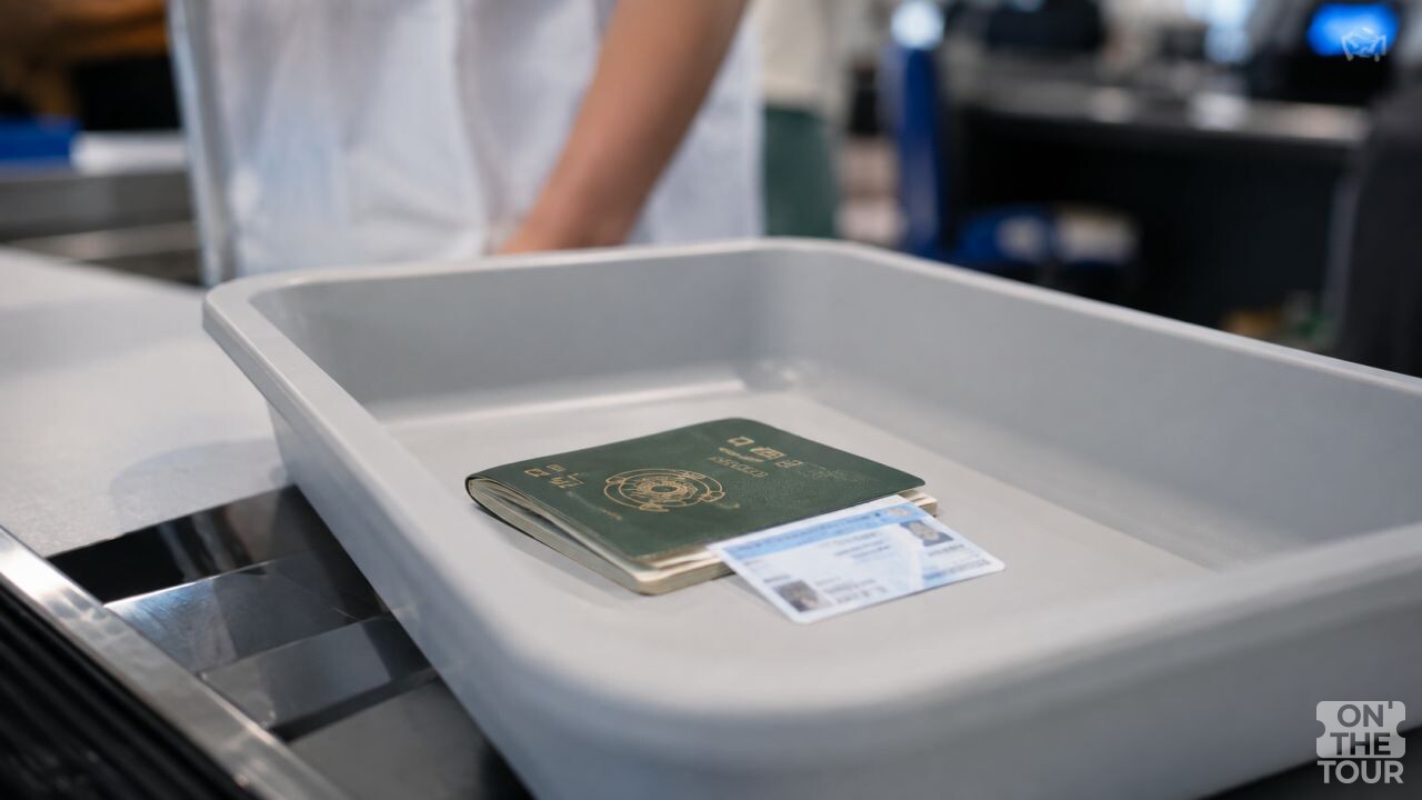 공항 보안 검색대 바구니에 여권과 신분증이 놓여져 있다. (AI 생성) / 온더투어