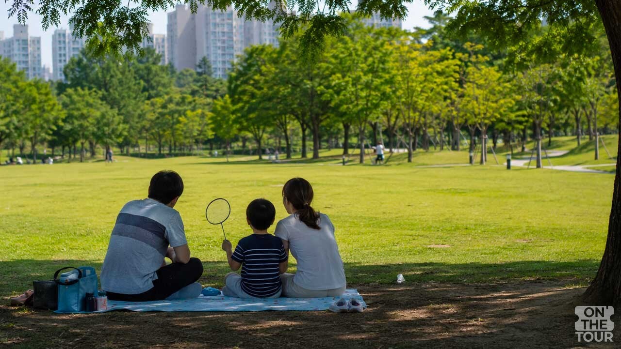 나무 그늘 아래에서 가족 소풍을 즐기는 부산시민공원 풍경. (AI 생성) / 온더투어