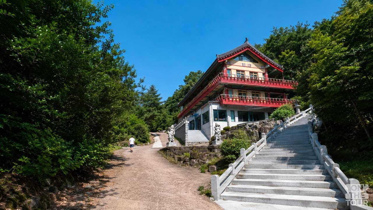 울창한 숲에 둘러싸인 골굴사 경내 전각. (AI 생성) / 온더투어
