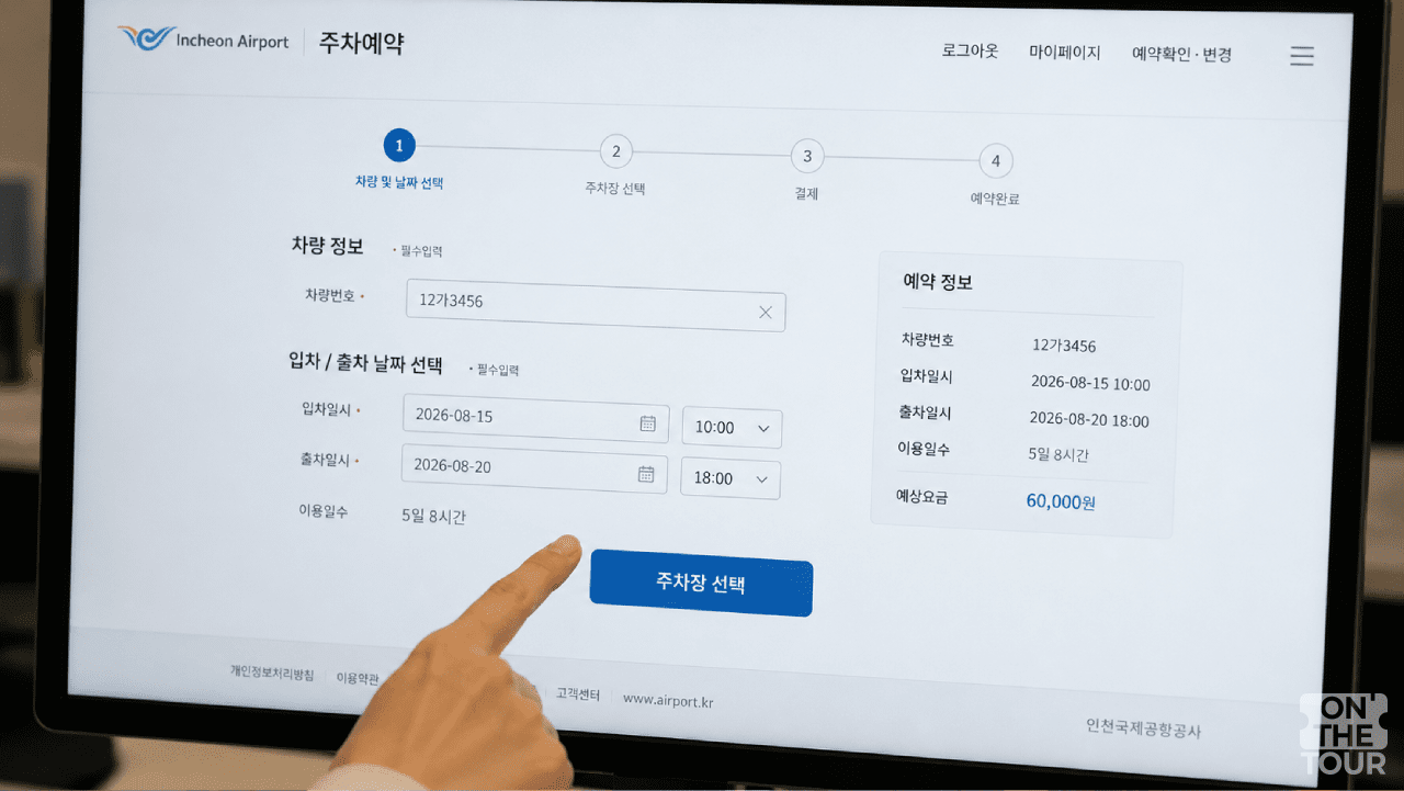 출국 전 온라인 시스템으로 차량 정보와 입출차 날짜를 선택하는 예약 절차. (AI 생성) / 온더투어
