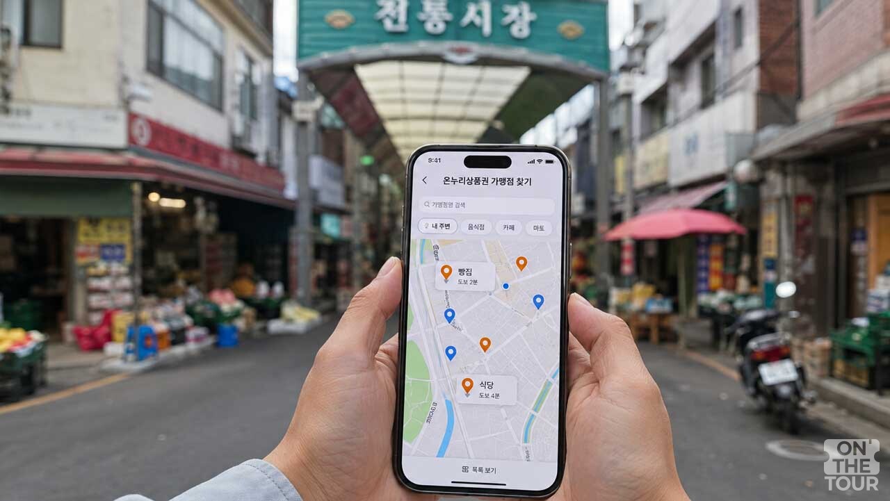 시장에서 온누리상품권 가맹점을 찾는 모습. (AI 생성) / 온더투어