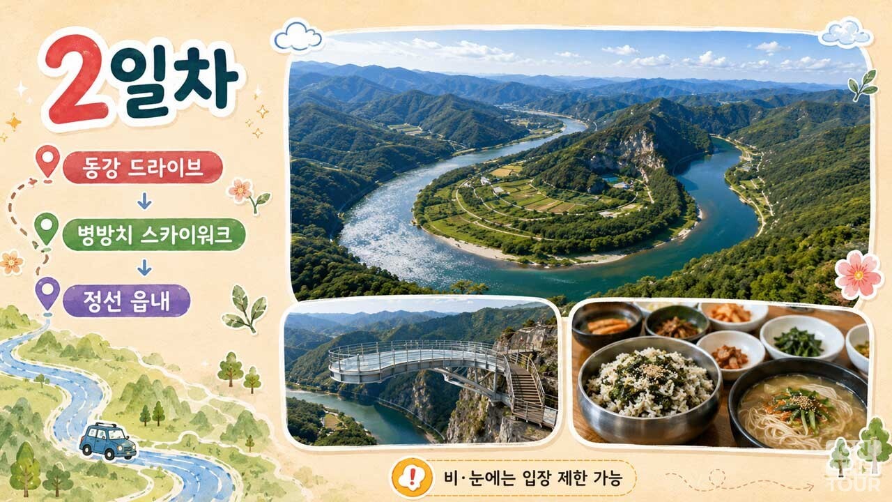 정선 동강과 병방치 스카이워크를 둘러보는 2일차 여행 코스. (AI 생성) / 온더투어