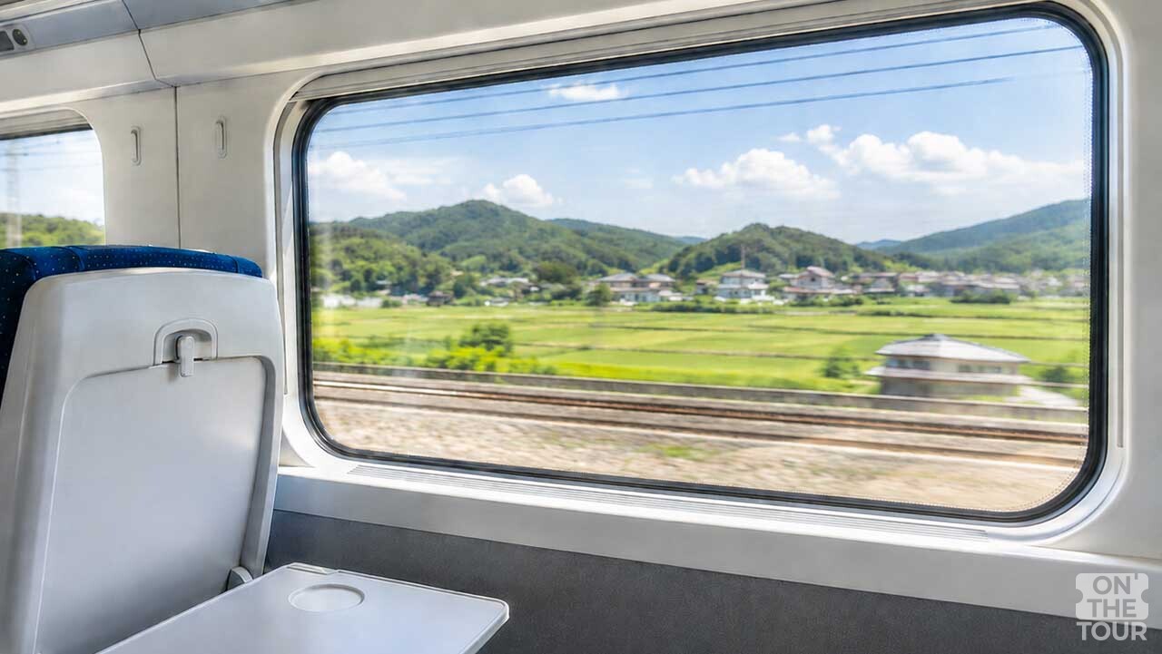 KTX 창가에 앉은 여행객이 여름 들녘과 산 풍경을 바라보고 있다. (AI 생성) / 온더투어