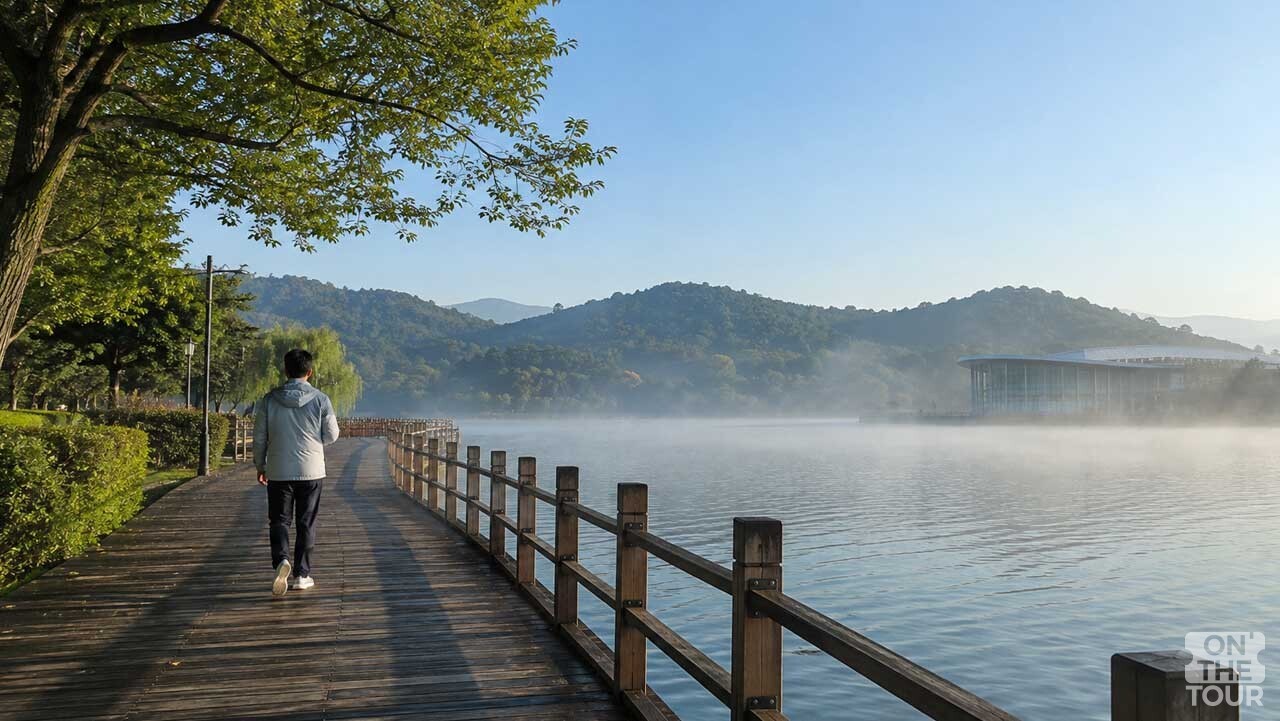 옅은 물안개가 감도는 아중호수 아침 산책로. (AI 생성) / 온더투어