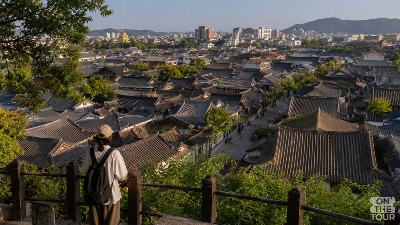 전주 오목대에서 내려다본 한옥마을 지붕 사이로 여행객이 풍경을 바라보고 있다. (AI 생성) / 온더투어