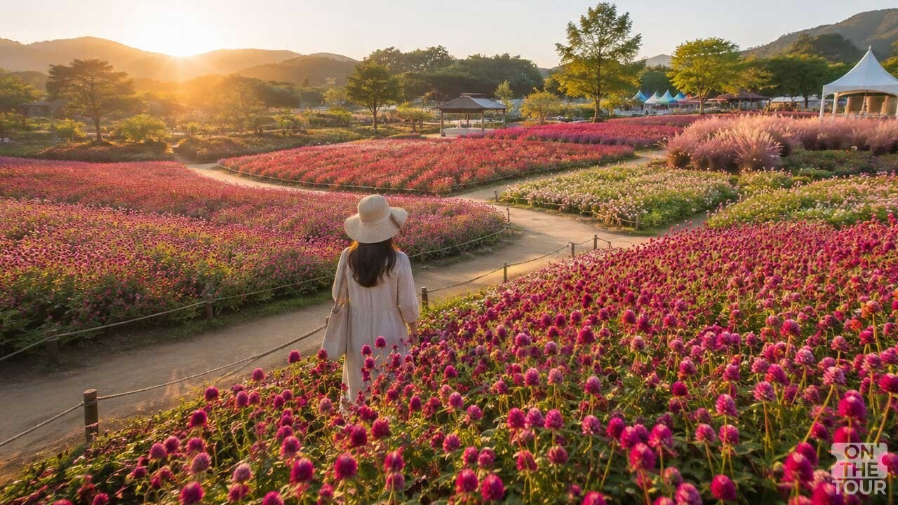 양주나리농원의 노을빛 속 꽃밭을 여유롭게 둘러보는 모습. (AI 생성) / 온더투어