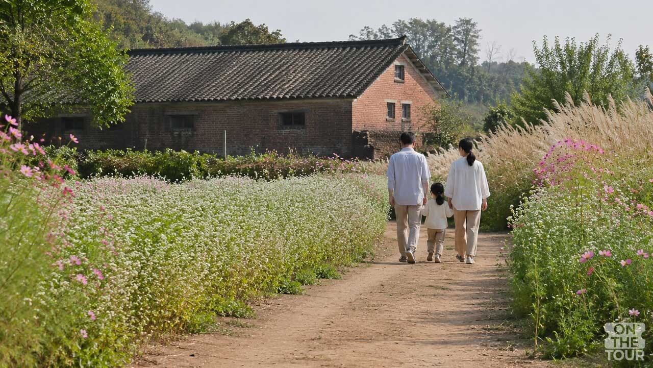 수원 탑동시민농장 흙길을 따라 메밀꽃과 코스모스를 구경하는 가족. (AI 생성) / 온더투어