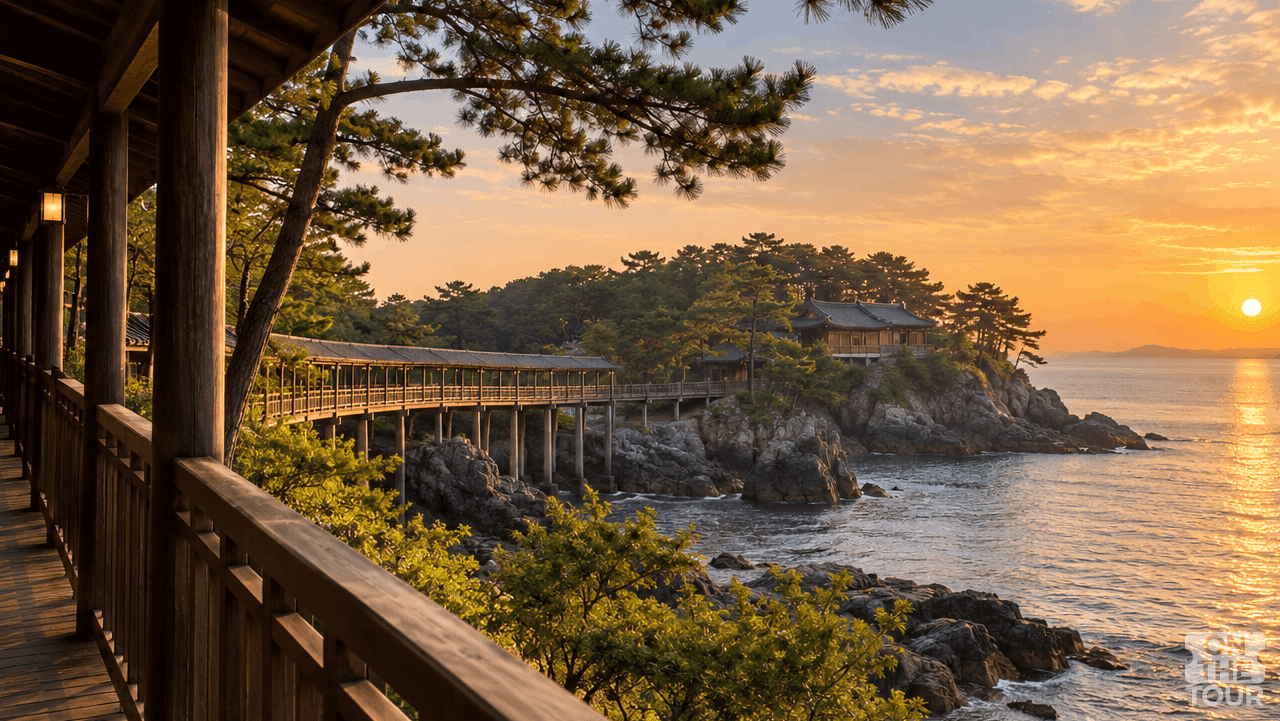 해송 숲과 갯바위 사이로 상화원 회랑이 길게 이어지고 잔잔한 서해가 한눈에 펼쳐진다. (AI 생성) / 온더투어