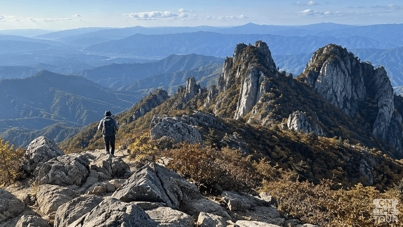 가리산 정상부에서 바라본 암봉과 겹겹이 이어지는 홍천 산줄기. (AI 생성) / 온더투어