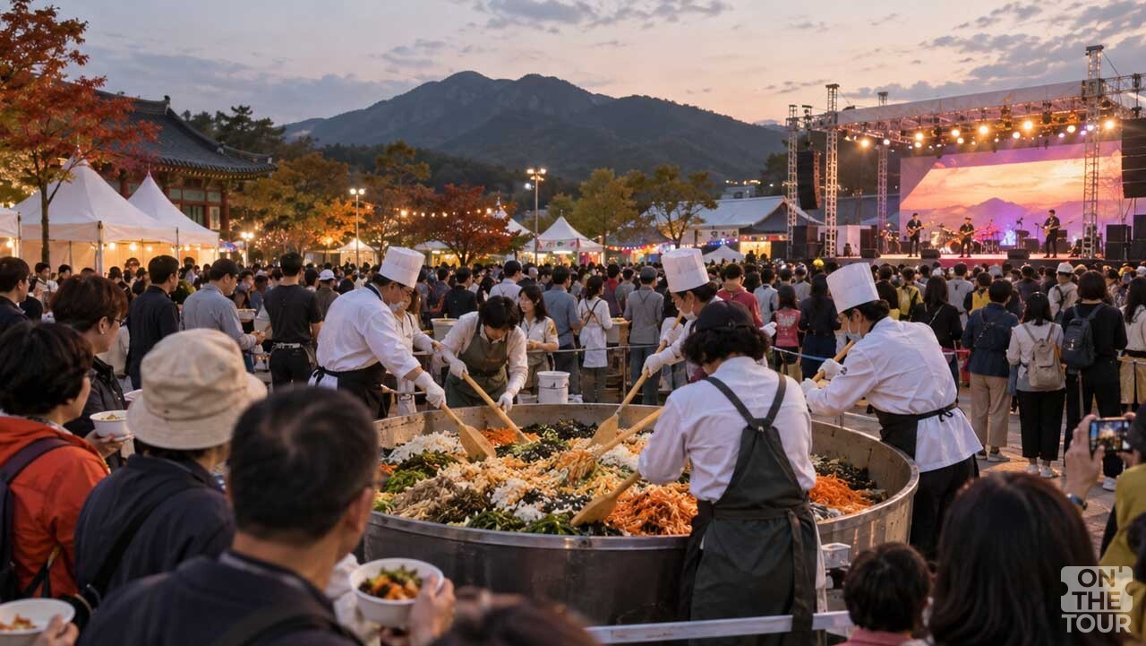 축제장에서 대형 비빔밥을 함께 비비는 소원 비빔밥 공양 행사가 진행되고 있다. (AI 생성) / 온더투어