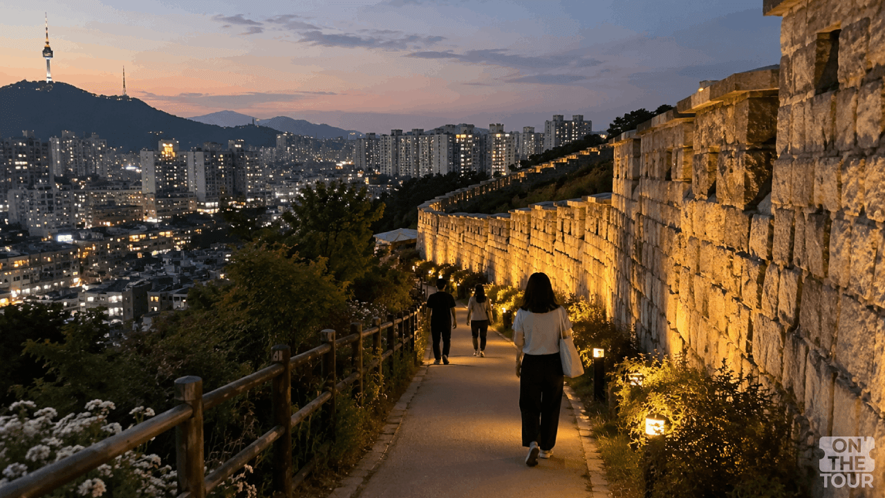 해 질 무렵 낙산공원 한양도성길을 따라 시민들이 산책하고 있다. (AI 생성) / 온더투어