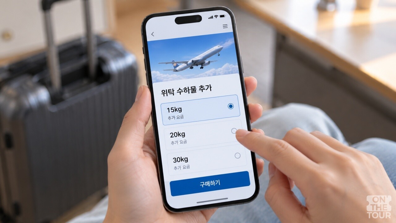 여행사 앱을 통해 위탁 수하물을 구매하는 모습. (AI 생성) / 온더투어