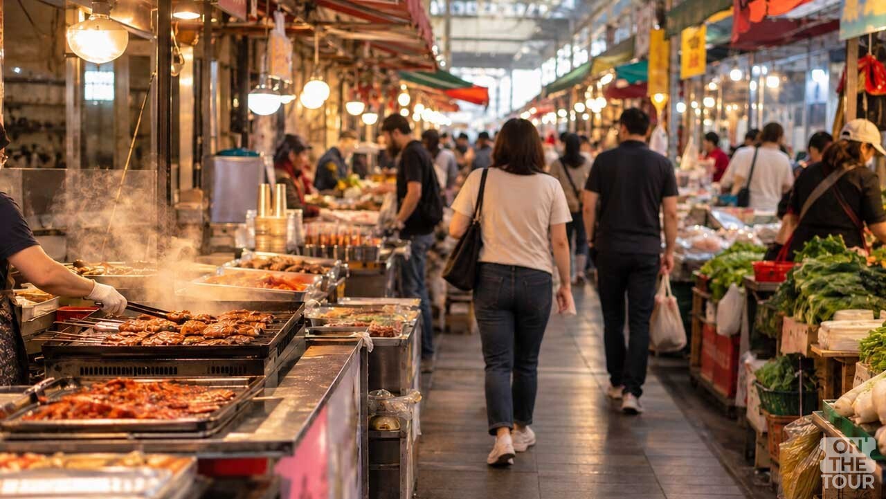 먹거리와 채소를 파는 점포 사이로 방문객들이 오가는 춘천 시장 풍경. (AI 생성) / 온더투어