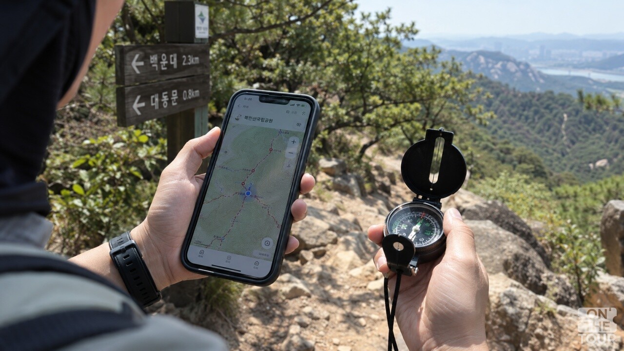 스마트폰 GPS와 나침반을 비교하고 있다. (AI 생성) / 온더투어