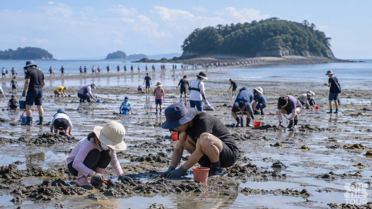 갯벌에서 호미로 해산물을 채취하며 갯벌 생태 체험을 즐기는 방문객들. (AI 생성) / 온더투어