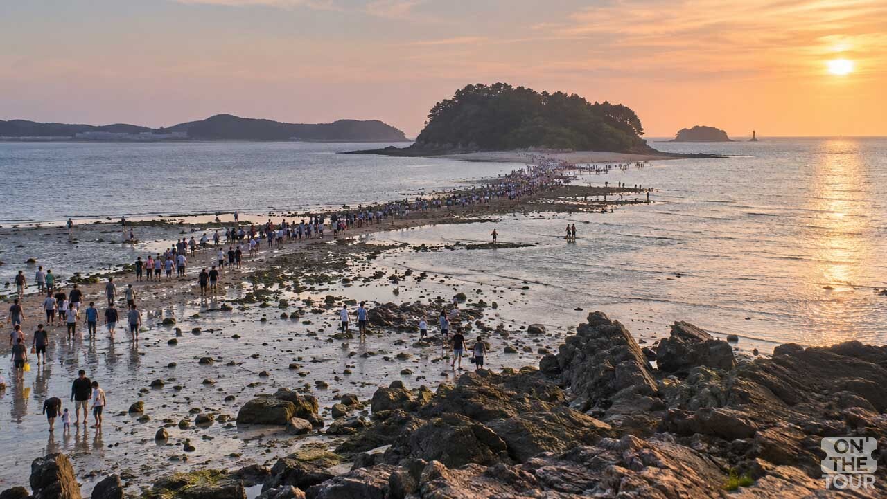 해변과 석대도 사이 약 1.5km 구간의 바닷길이 드러나 장관을 이루는 풍경. (AI 생성) / 온더투어