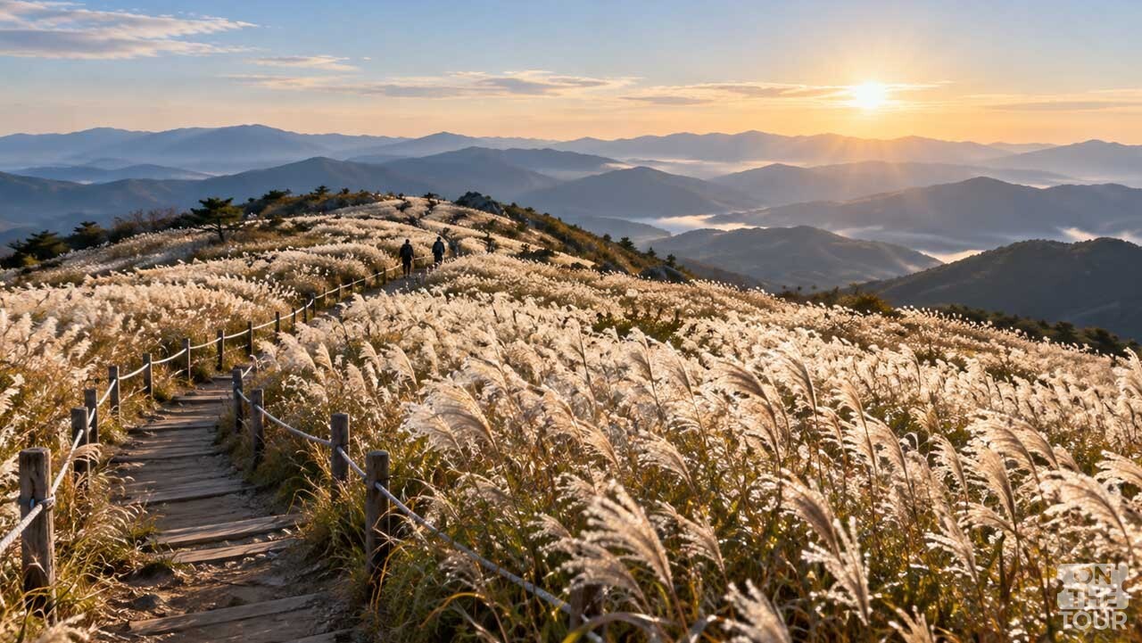 가을 햇살 아래 은빛 억새가 능선을 가득 메운 산길 풍경. (AI 생성) / 온더투어