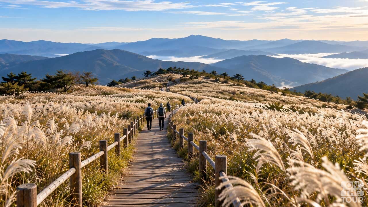황매산 억새밭 사이로 나무 데크 산책로가 길게 이어지고 있다. (AI 생성) / 온더투어