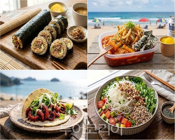 ▲음식개발 메뉴 이미지 (上)왼쪽부터 시계방향. 새우김밥, 콩튀토핑 떡볶이, 생감자샐러드포케, 파도 주꾸미 타코. /사진-보령시(편집 류석만 기자)