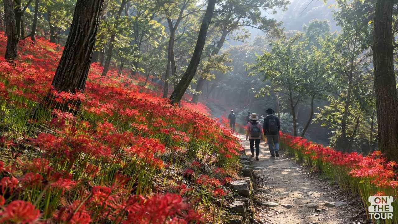 붉은 꽃무릇이 숲길을 가득 채운 모악산 꽃무릇공원 산책로. (AI 생성) / 온더투어
