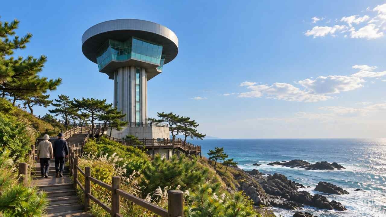 경주 주상절리 전망대와 푸른 동해가 한눈에 들어오는 해안 풍경. (AI 생성) / 온더투어