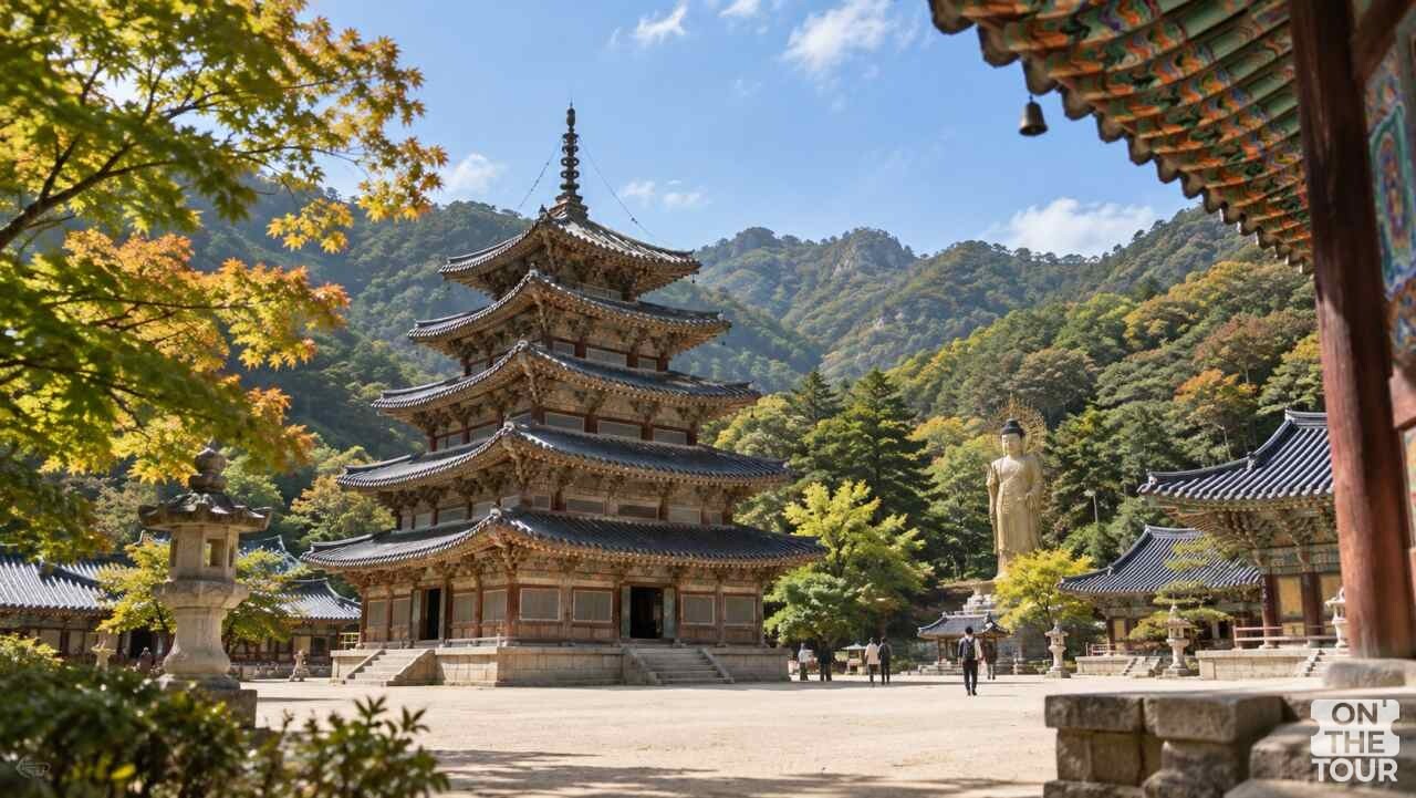 초가을 햇살 아래 법주사 팔상전과 경내 전각이 어우러진 모습. (AI 생성) / 온더투어