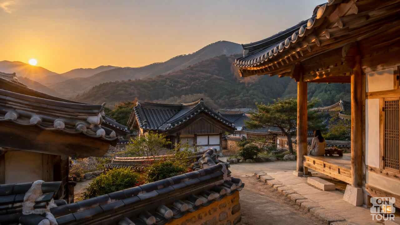 산자락을 따라 한옥이 모여 있는 완주 오성한옥마을의 해 질 무렵 정경. (AI 생성) / 온더투어