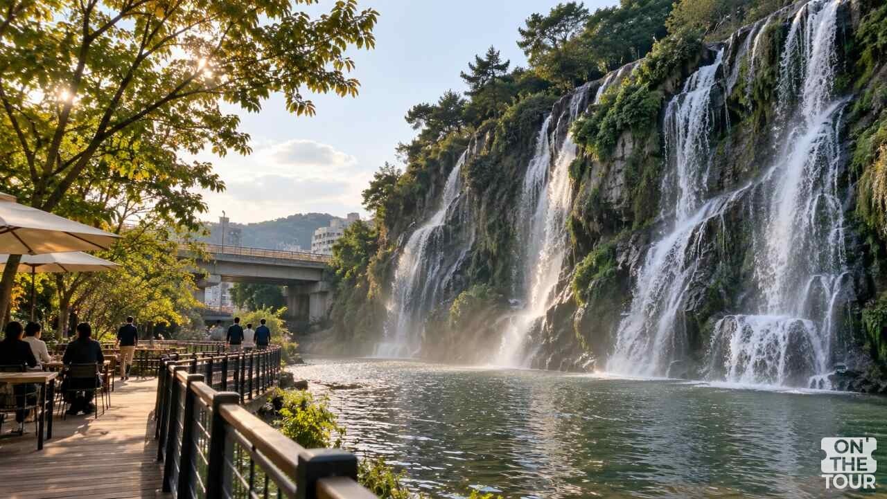 홍제천 인공폭포에서 여러 갈래의 물줄기가 쏟아지고 수변 공간에서 시민들이 쉬고 있는 모습. (AI 생성) / 온더투어