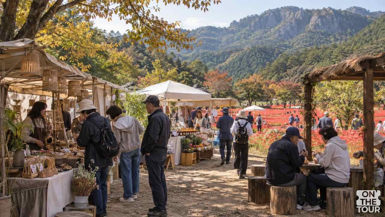 지역 농특산물과 수공예품을 둘러보는 방문객들로 붐비는 축제장 판매 구역. (AI 생성) / 온더투어
