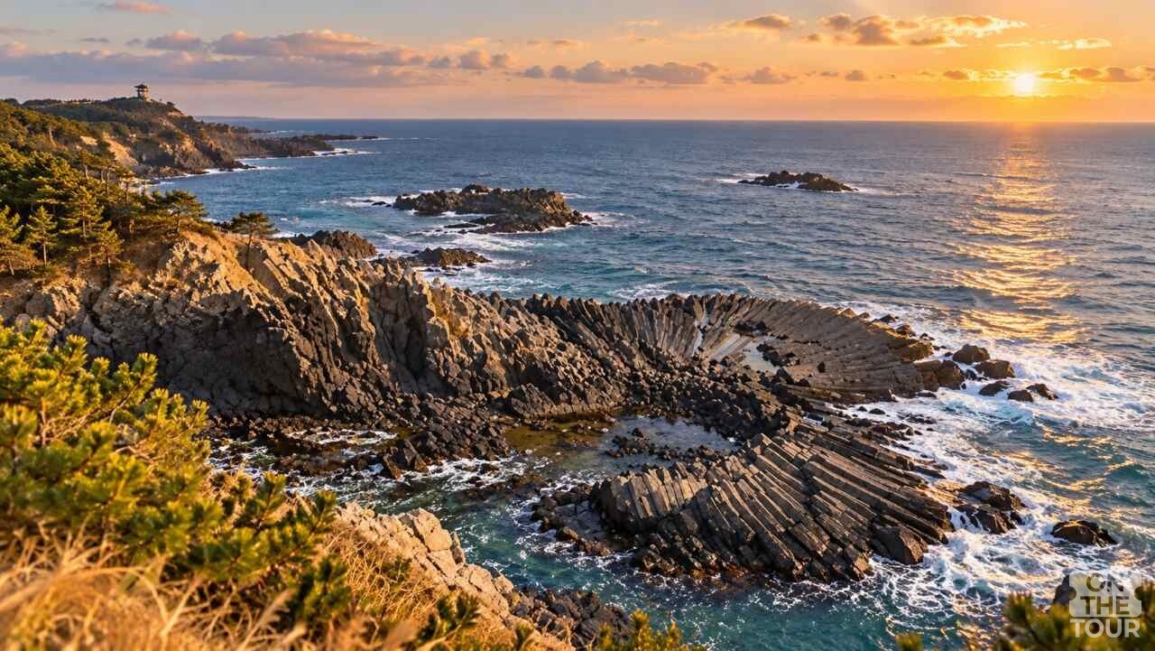 해 질 무렵 붉은빛이 내려앉은 경주 양남 주상절리 해안. (AI 생성) / 온더투어