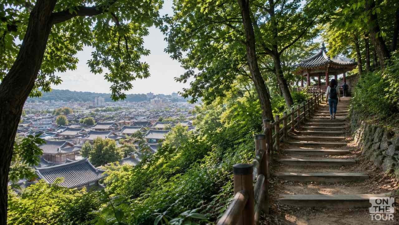 울창한 나무 사이로 전주 한옥마을 기와지붕이 내려다보이는 오목대 산책로. (AI 생성) / 온더투어