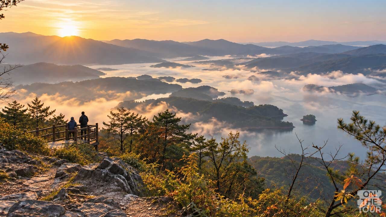 노고산 정상에서 내려다본 대청호와 산 능선. 이른 아침 물안개가 호수 위를 감싸고 있다. (AI 생성) / 온더투어