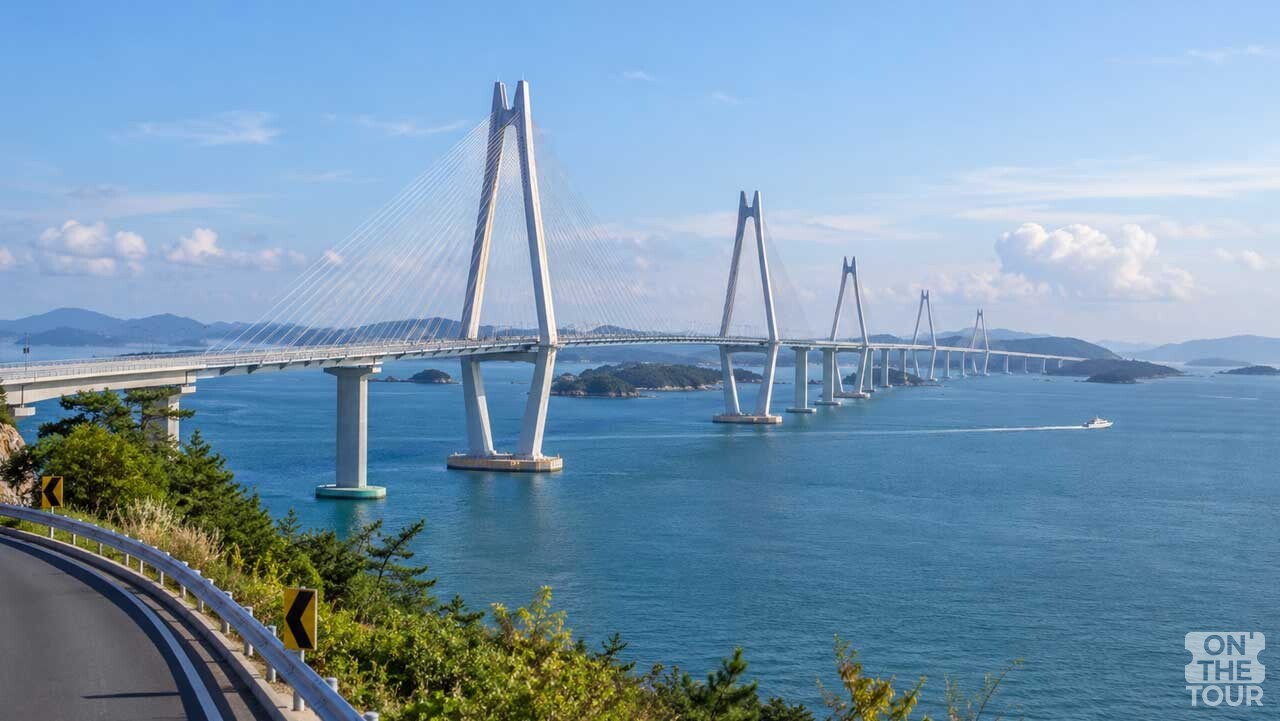 섬과 섬 사이 바다를 가로지르는 신안 천사대교 전경. (AI 생성) / 온더투어