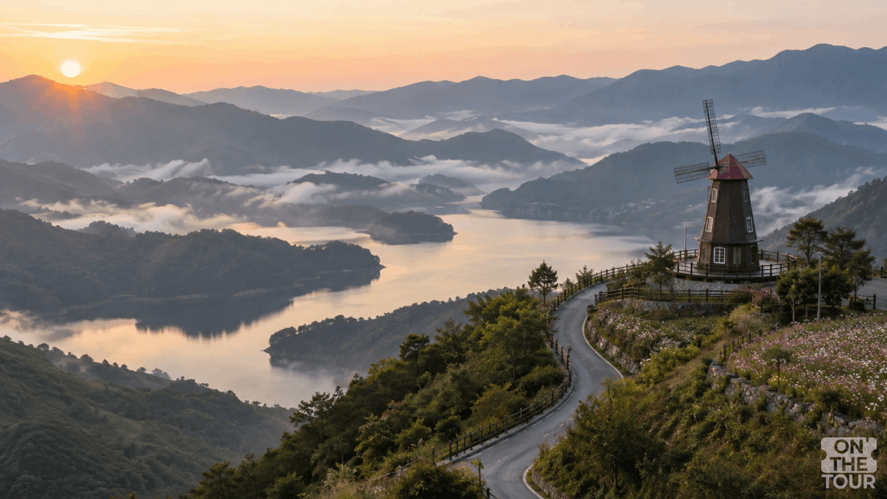 대구 군위 화산마을 산꼭대기 풍차 전망대에서 군위호와 겹겹이 이어진 산줄기를 내려다본 모습. (AI 생성) / 온더투어