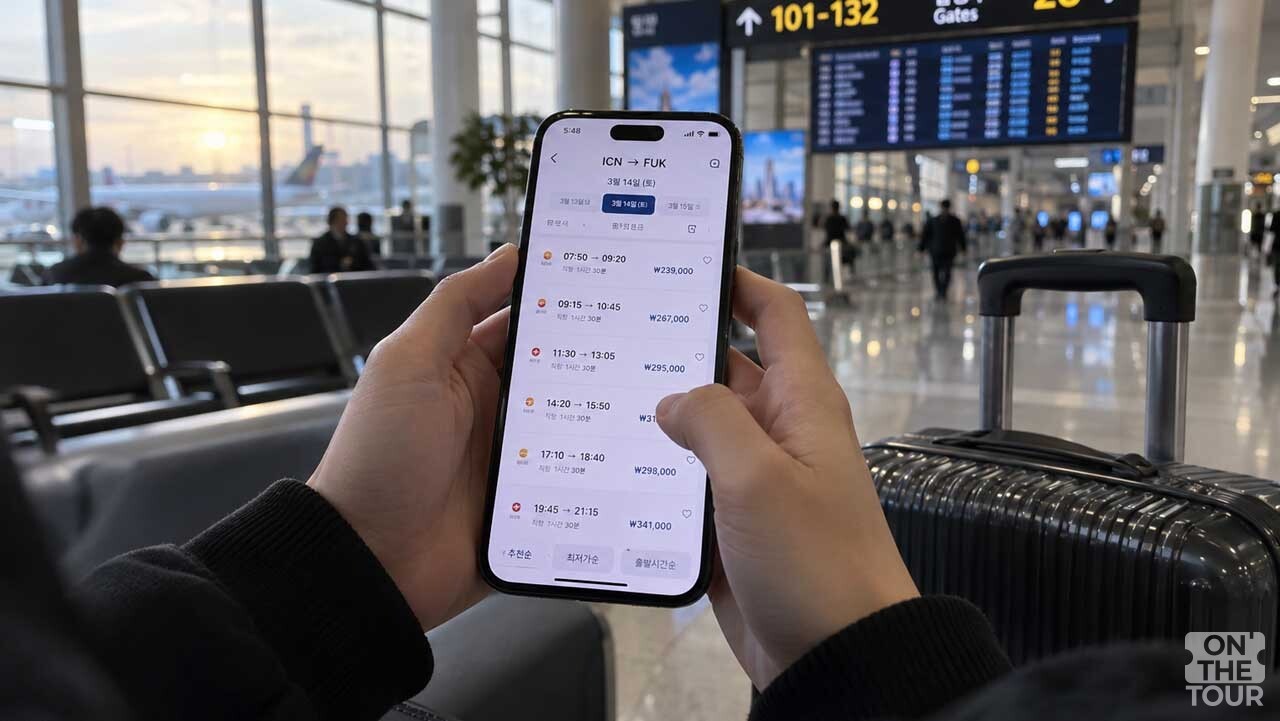 공항에서 스마트폰으로 당일 출발 가능한 대체 항공편을 검색하는 모습. (AI 생성) / 온더투어