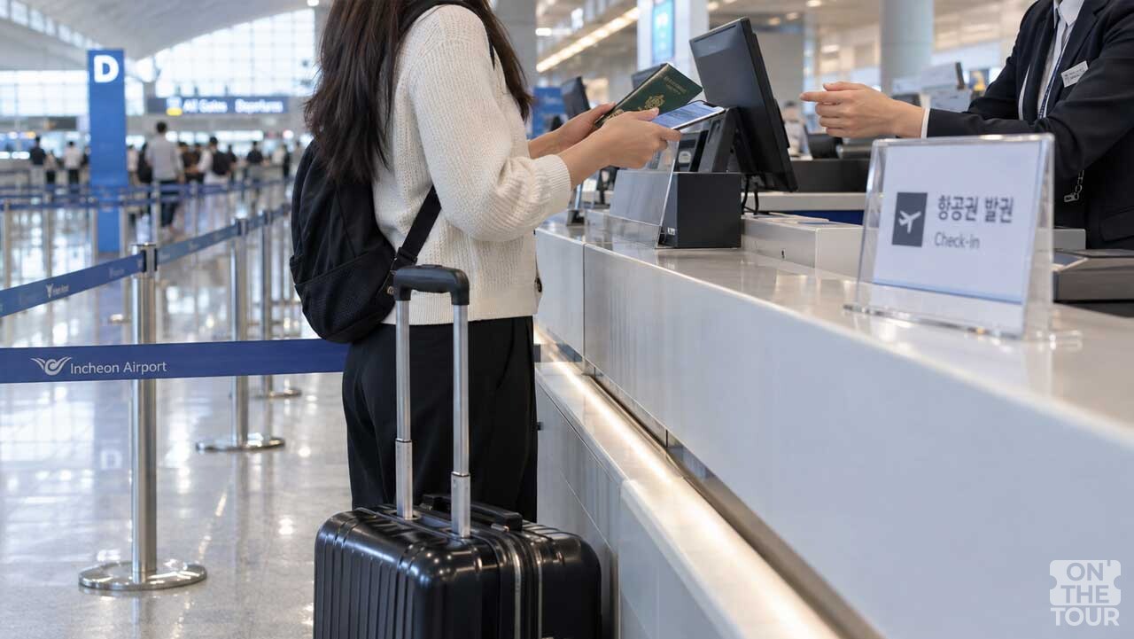 비행기를 놓친 뒤 공항 항공사 카운터에서 다음 항공편 변경 가능 여부를 문의하는 모습. (AI 생성) / 온더투어