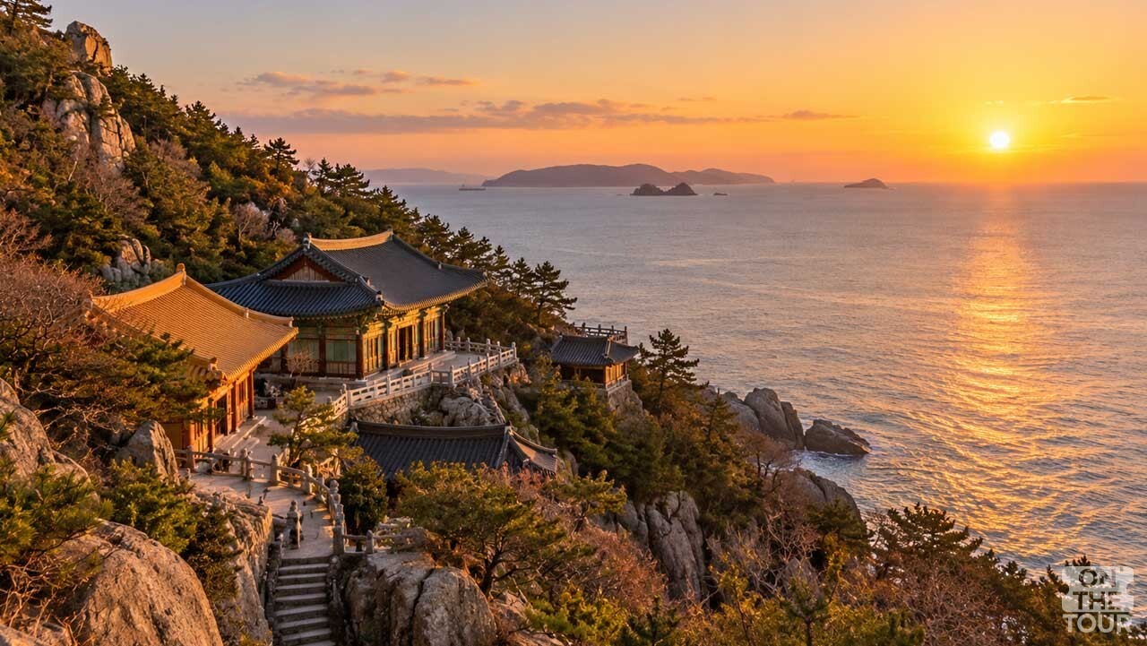 해가 떠오르는 시간에 바라본 여수 돌산도 향일암과 남해 바다. (AI 생성) / 온더투어