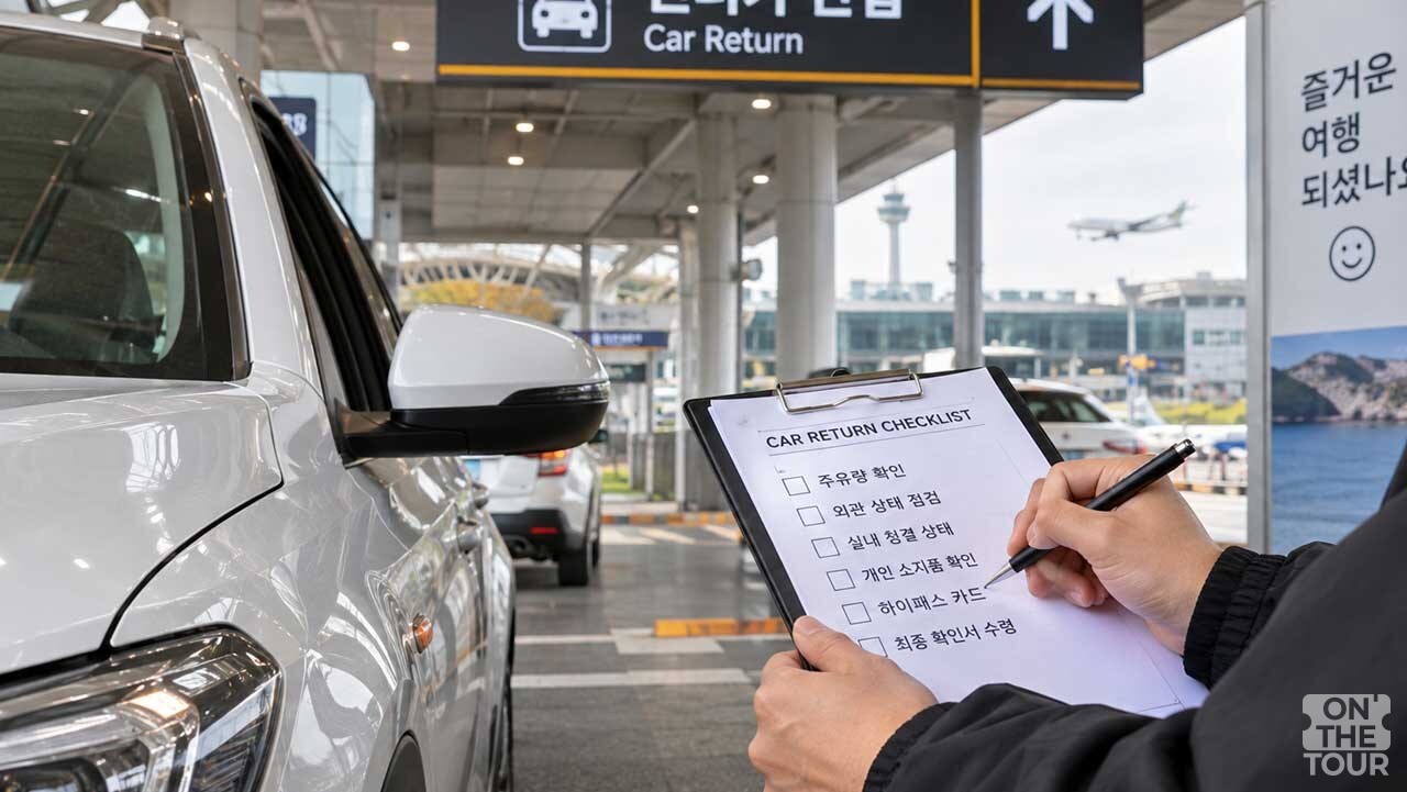 공항 인근 렌터카 반납 구역에서 차량 상태와 반납 항목을 확인하는 모습. (AI 생성) / 온더투어