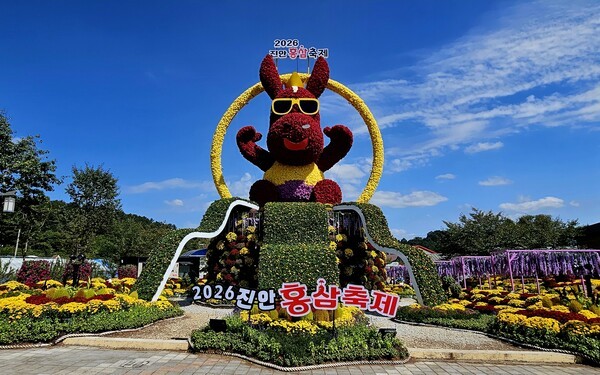 진안홍삼축제 홍보 꽃탑/사진=유경훈 기자