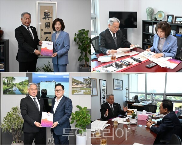 ▲내년도 정부예산 확보를 위해 지난 16일 국회를 방문한 이용우 부여군수가 나경원(上) 의원과 김선교(下) 국회의원을 잇따라 만나, 지역 현안의 시급성을 설명하고 국회 차원의 적극적인 지원을 요청했다. /사진-부여군(편집 류석만 기자)