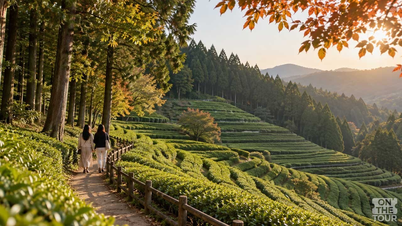 산비탈을 따라 층층이 이어지는 보성 대한다원 녹차밭과 산책길. (AI 생성) / 온더투어