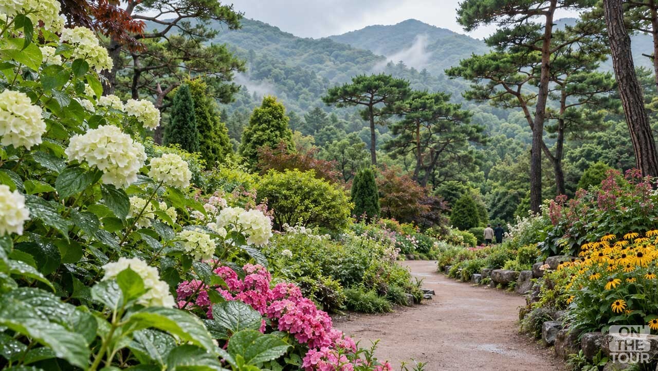 경기 가평 아침고요수목원의 꽃길과 잣나무 숲이 어우러진 모습. (AI 생성) / 온더투어