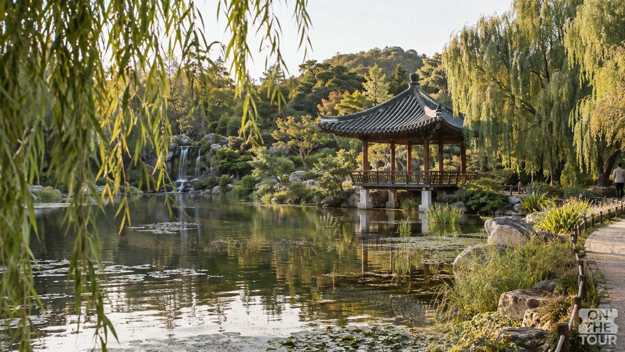 파주 벽초지수목원 연못과 옛 정자가 어우러진 풍경. (AI 생성) / 온더투어