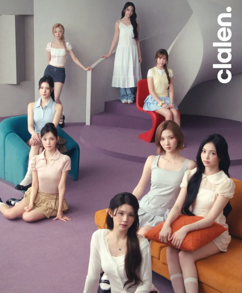 하츠투하츠가 클라렌 새 브랜드 모델로 촬영한 화보 이미지. 파스텔 톤 의상을 착용한 8인의 멤버가 감각적인 공간에서 포즈를 취하고 있다 / 사진=클라렌(Clalen)