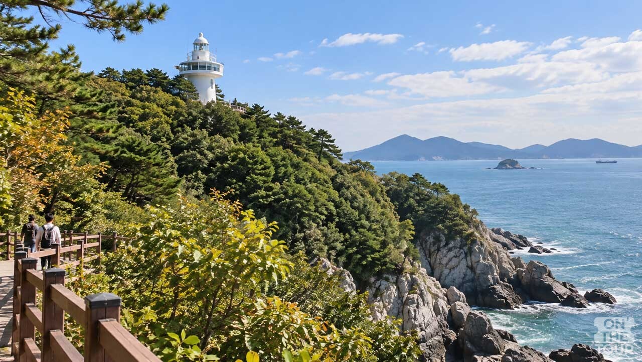 전남 여수 오동도 숲길 너머로 보이는 하얀 등대와 남해 풍경. (AI 생성) / 온더투어